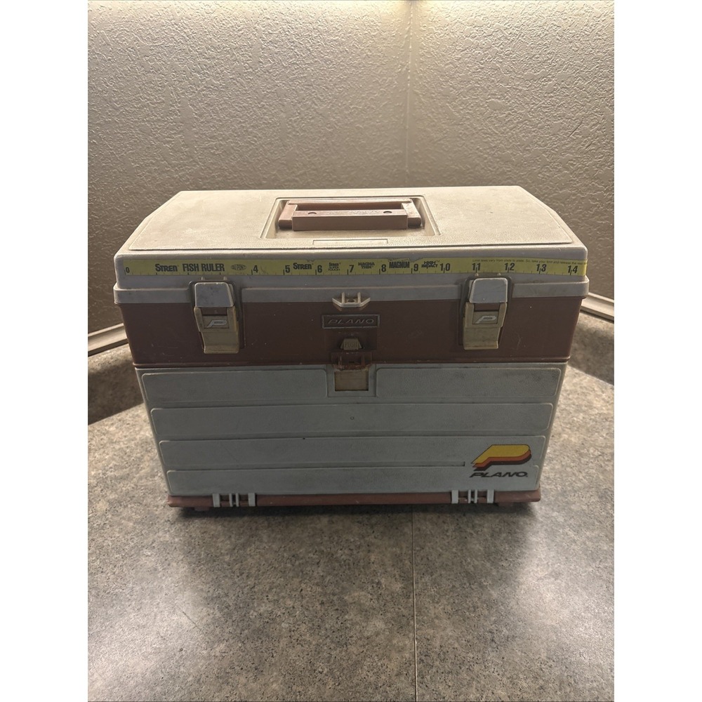 Vintage Plano 757 Tackle Box Fishing Storage Brown/Tan Made In USA 4 Drawers